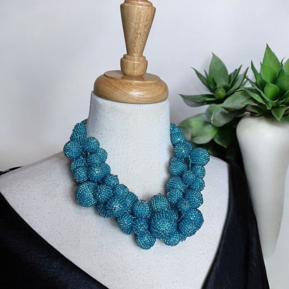 BLUE GLASS Beaded Balls Statement Necklace - Picture 1 of 7